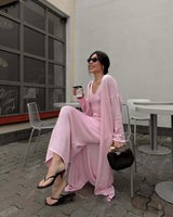 Hirsionsan Soft Loose Sets Women Two Pieces Long Sleeve Cardigan & Vest Dresses Elegant Female Hollow Outfits Cotton Tracksuit
