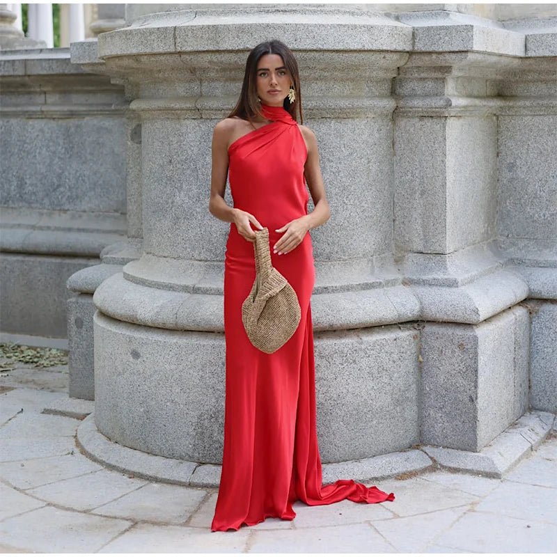 Elegant Ribbon Halter Maxi Dress