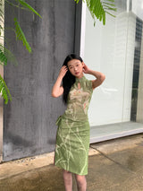 CHEERART Two Piece Set For Women Elegant Summer Outfit Green Lily Floral Vintage Top And Skirt Set Ladies Clothes 2024