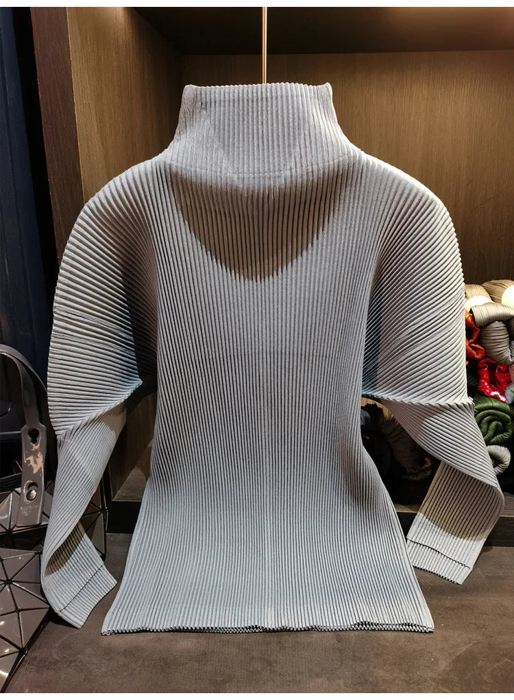 Miyake Pleated Sweatshirt Pit Stripe Zipper Standing Collar Jacket Women 2025 New Casual Pullover Hundred Pleat Skinny Tops
