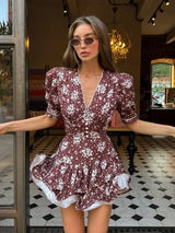 Women Elegant Printed Short Dress Chic V-neck Short Sleeve A-line Bodycon Mini Dresses 2026 Lady New Summer Vacation Street Robe