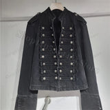 Spring Autumn Vintage Blue Slim Short Jeans Jacket Women Stand Collar Multi-breasted Design Long Sleeve Denim Jacket  Streetwear