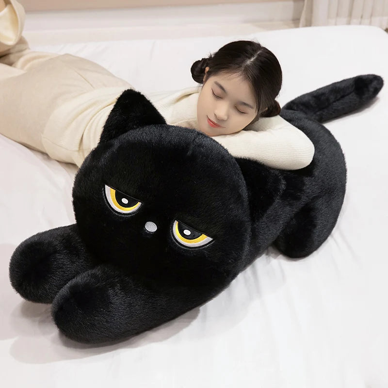 Black Cat Plush Pillow Soft Stuffed Lying Cat Cushion Cute Sleeping Cat Design Lovely Birthday Gift Idea for Cat Lovers