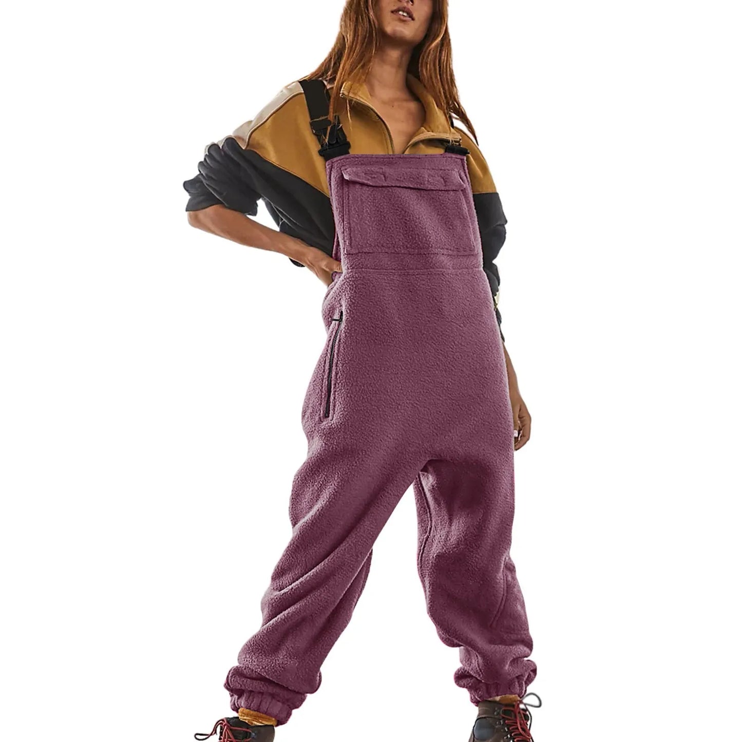 Fleece Bib Overalls - Adjustable Warm Winter Fuzzy Jumpsuit & Ski Pants