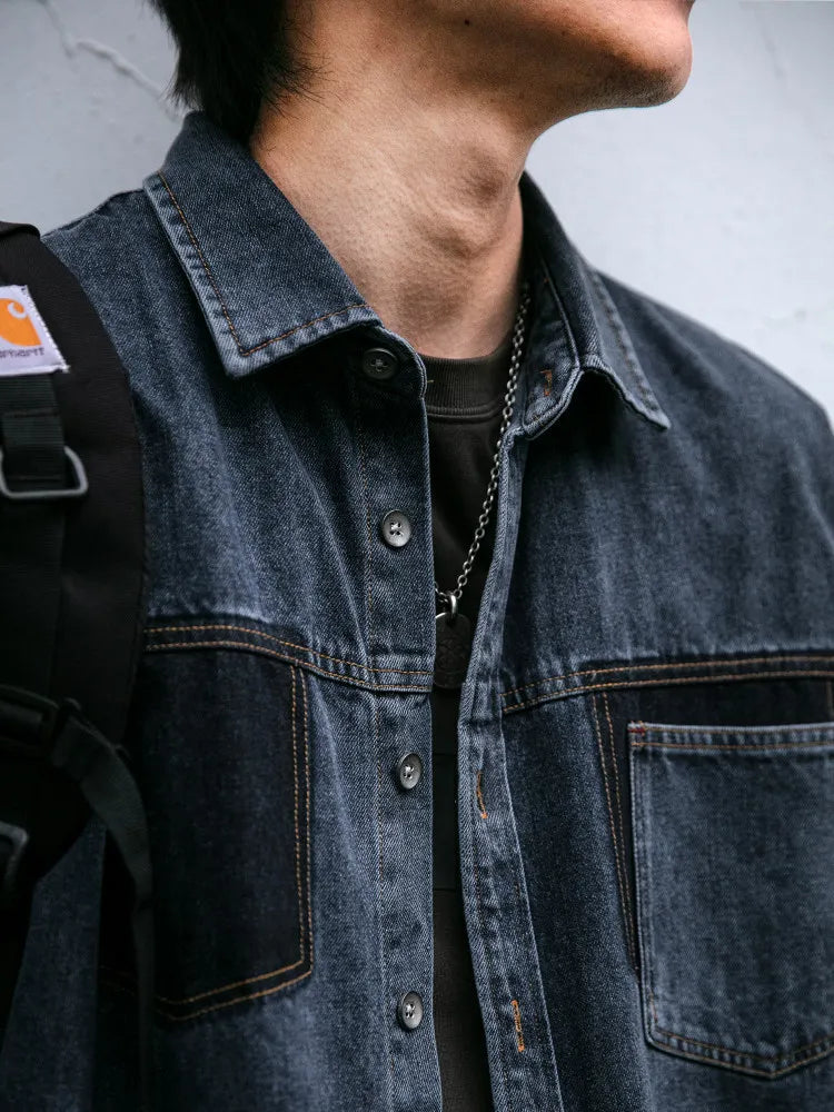 Mens High Quality Custom Weave Slub Deconstructed Patchwork Denim Shirt Trendy Distressed Wash Streetwear Casual Long Sleeve