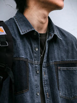 Mens High Quality Custom Weave Slub Deconstructed Patchwork Denim Shirt Trendy Distressed Wash Streetwear Casual Long Sleeve