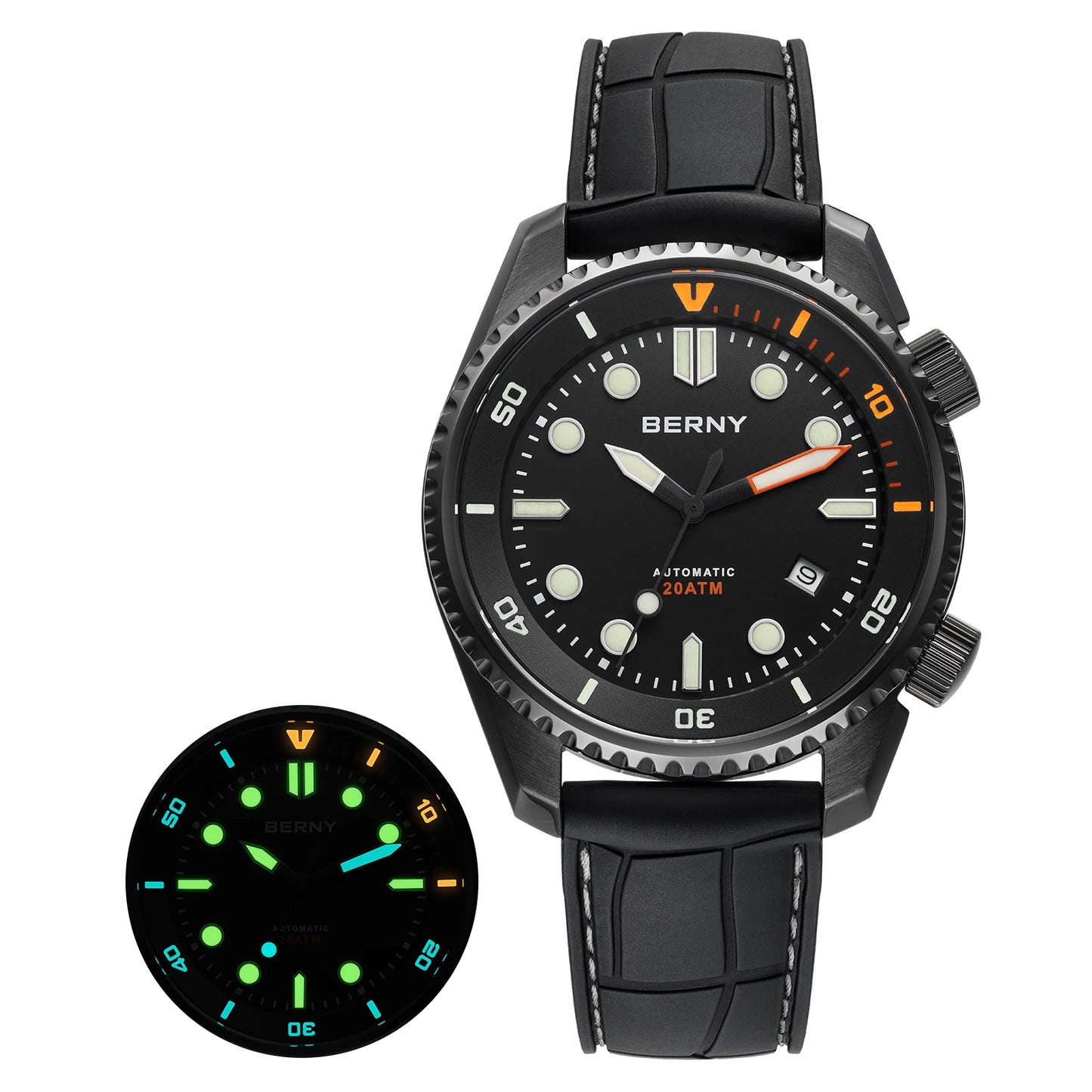 BERNY Automatic Diver Watch for Men Top Luxury Sapphire 316L Steel New Wave Dial 200M Waterproof Mechanical Diving Men's Watches