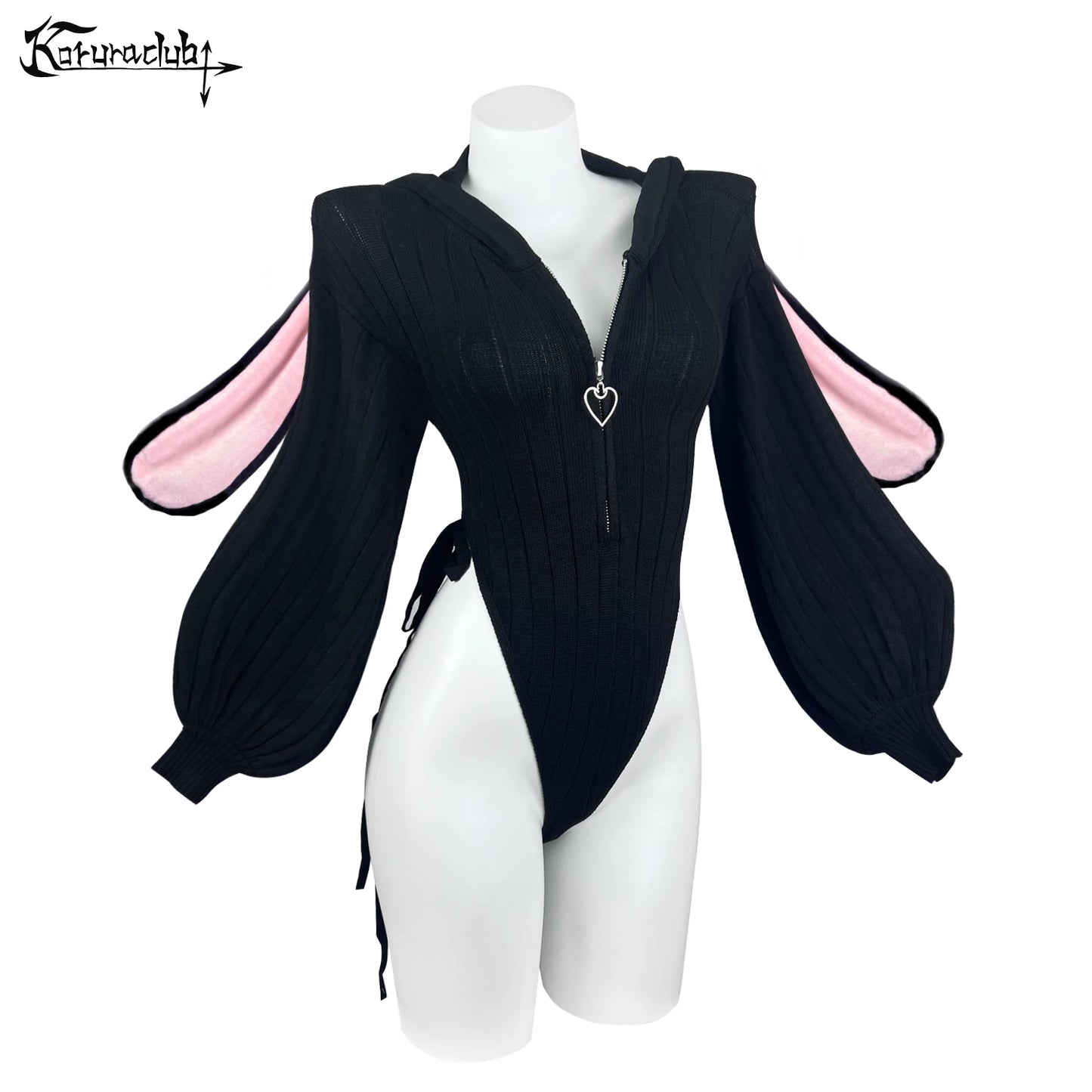 Heart Zipper Bunny Jumpsuit - Cute Knitted Bubble Sleeve Pajamas with Plush Tail