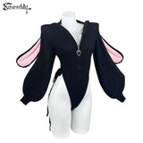 Heart Zipper Bunny Jumpsuit - Cute Knitted Bubble Sleeve Pajamas with Plush Tail