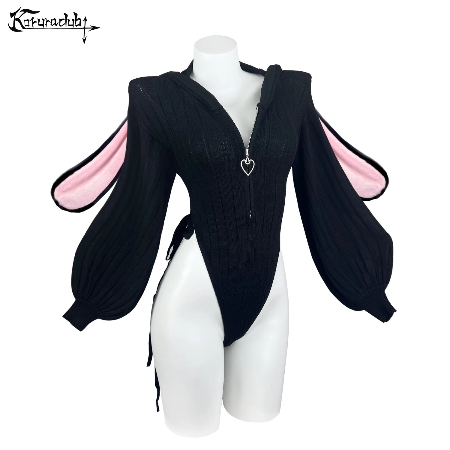 Heart Zipper Bunny Jumpsuit - Cute Knitted Bubble Sleeve Pajamas with Plush Tail