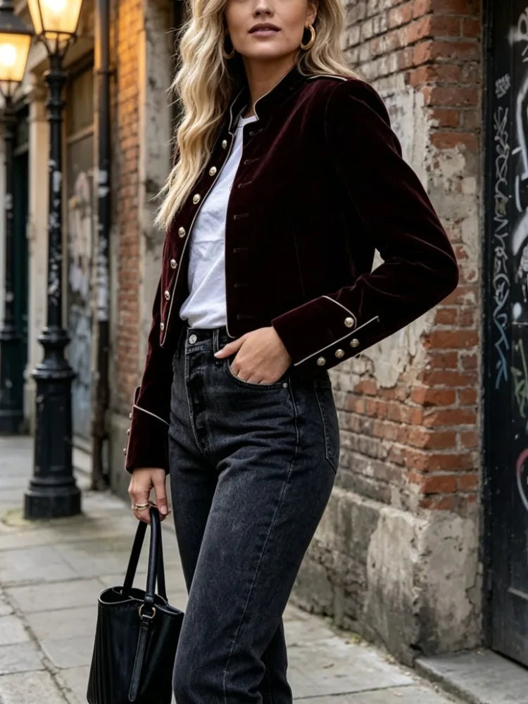 Modigirl Women's Velvet Wine Red Jackets 2025 Autumn Winter Coat Long Sleeves Stand Collar Buttoned Casual Outerwear for Woman