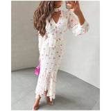 Women Elegant Printed V-neck Dress Chic Lapel Waist Cinched Pleated High Waisted Dresses 2026 Summer New Lady Vacation Gowns