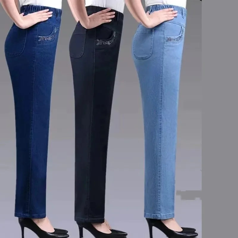 Women's Embroidered Straight-Leg Jeans | Elastic Waist
