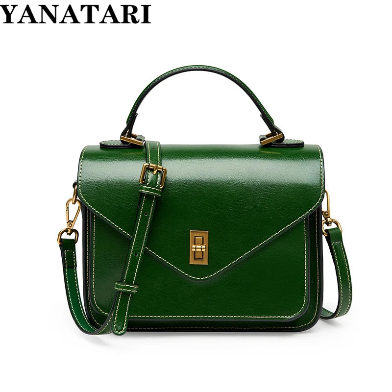 Genuine Leather Women Luxury Bag High Quality Simple Vintage Fashion Postman Handbags Ladies 2025 Shoulder Green Small Bag