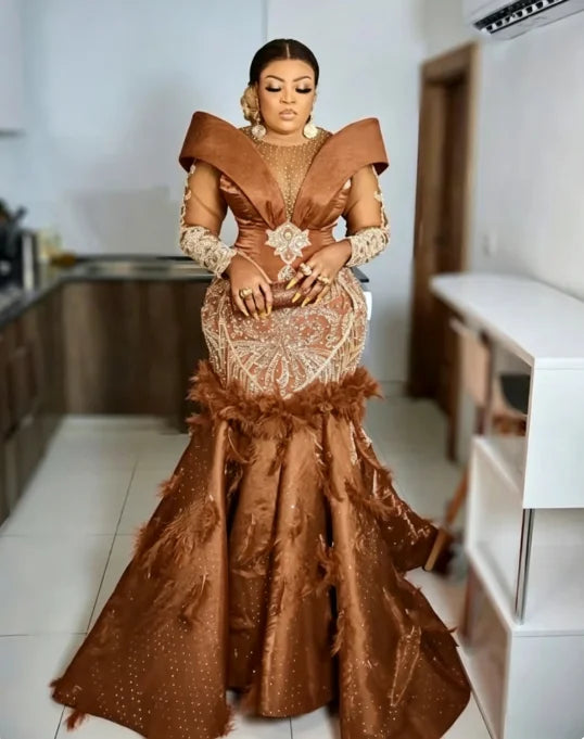 Mermaid Evening Gown | Crystals, Feathers & Beading