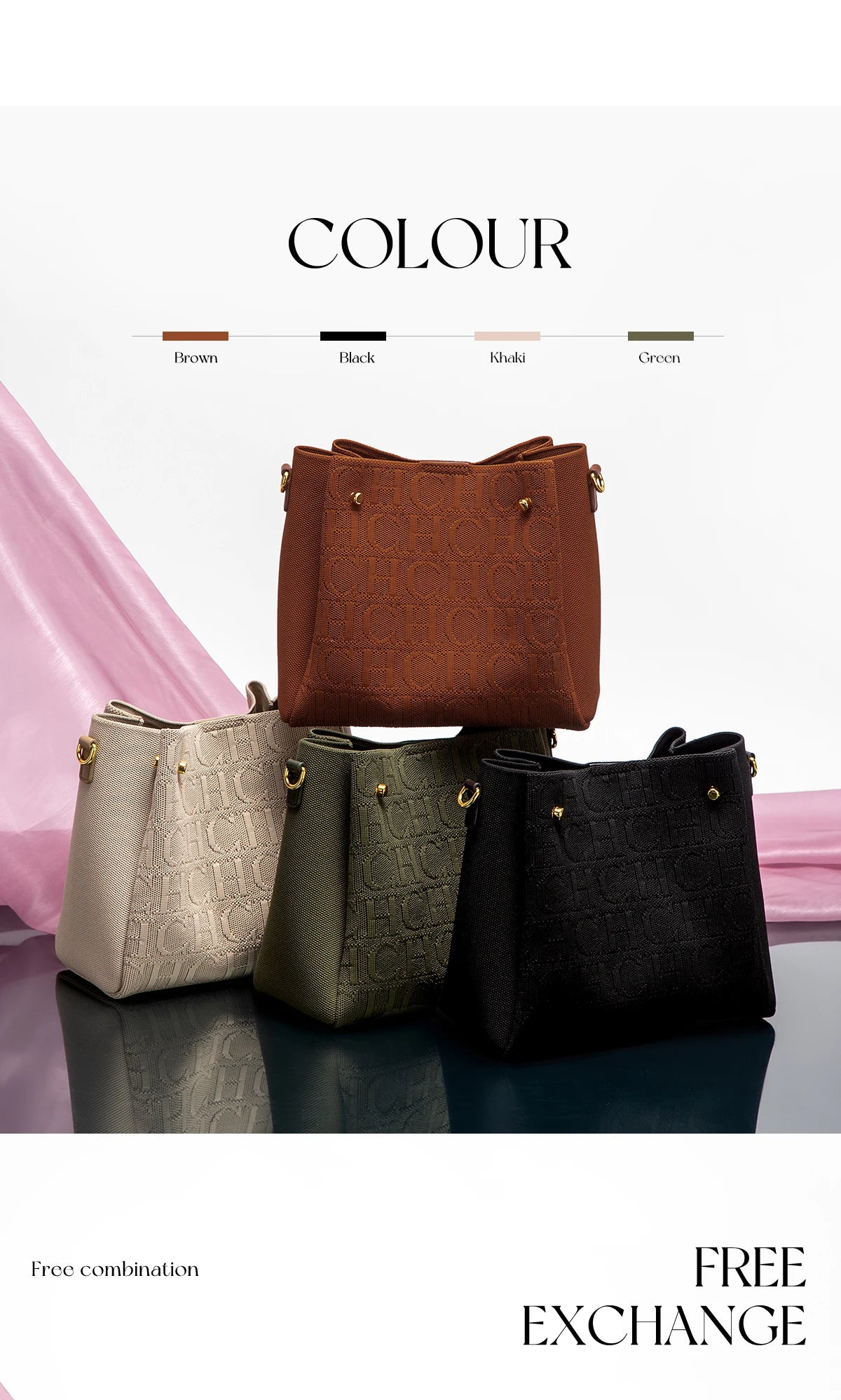 CH New Jacquard Letter Women Bucket Bag Wide Printed Strap Crossbody Purse Large Capacity Ladies Casual Daily Handbag Gift