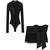 Women 2025 Autumn New Lace Bodysuit Women's Bodysuit Black Cutwork O-Neck Long Sleeves Bodysuits+Splicing Mini Skirt Suit