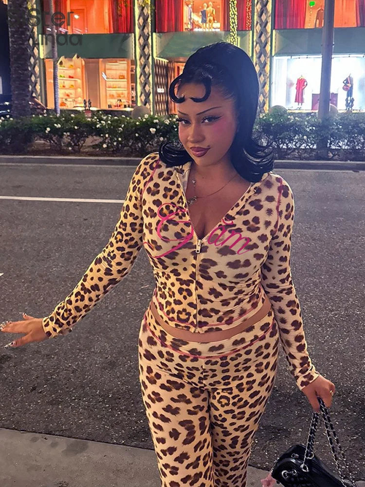 Sisterlinda Summer Release Junior Ankle-Length High Street Milk Fiber Pant Suit K24S50103 Girl Leopard Color Flare Pant Suit