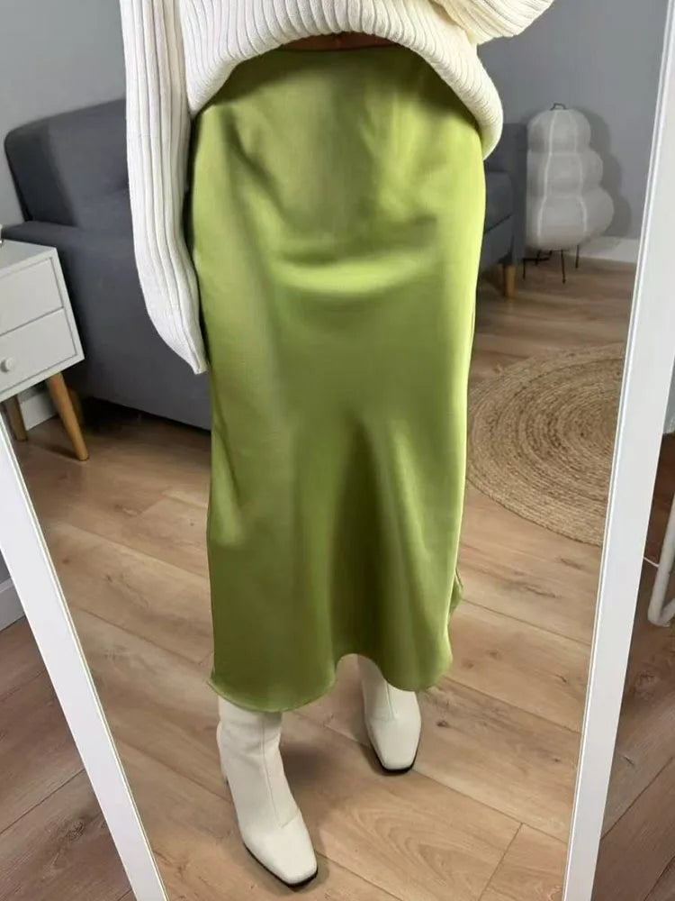 Women's Satin Midi Skirt – Elegant A-Line with Slit