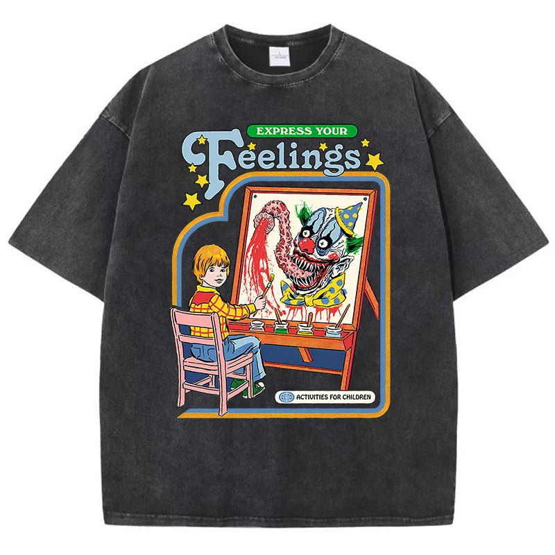 Unisex Washed Vintage Clown Graphic Cotton T-Shirt