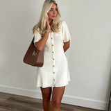 Elegant White Ribbed Knit Mini Dress | Metal Button Autumn
