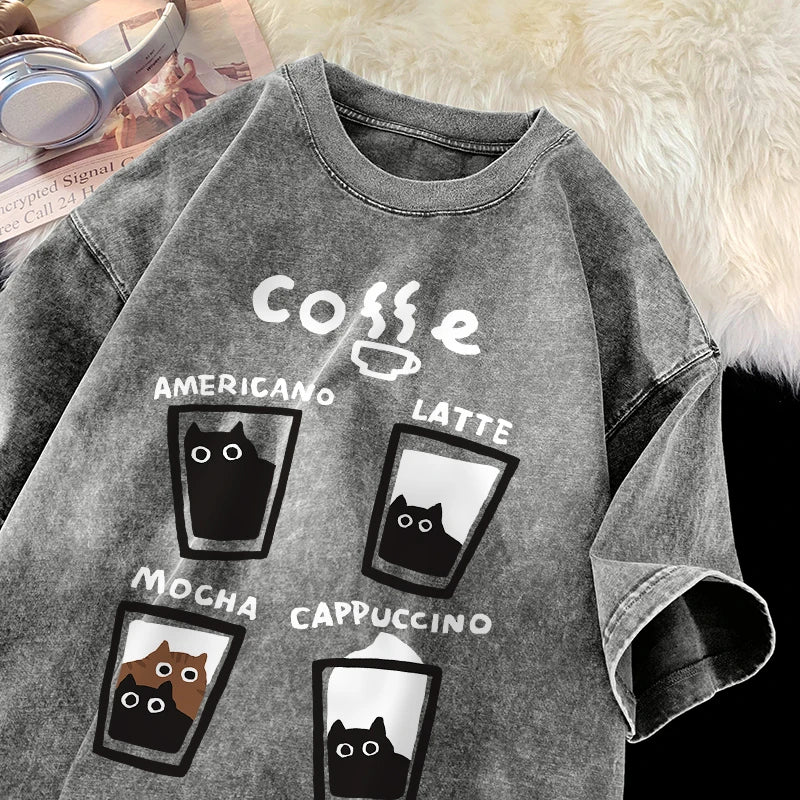 Retro Cat Graphic Cotton Tee – Unisex Harajuku Style