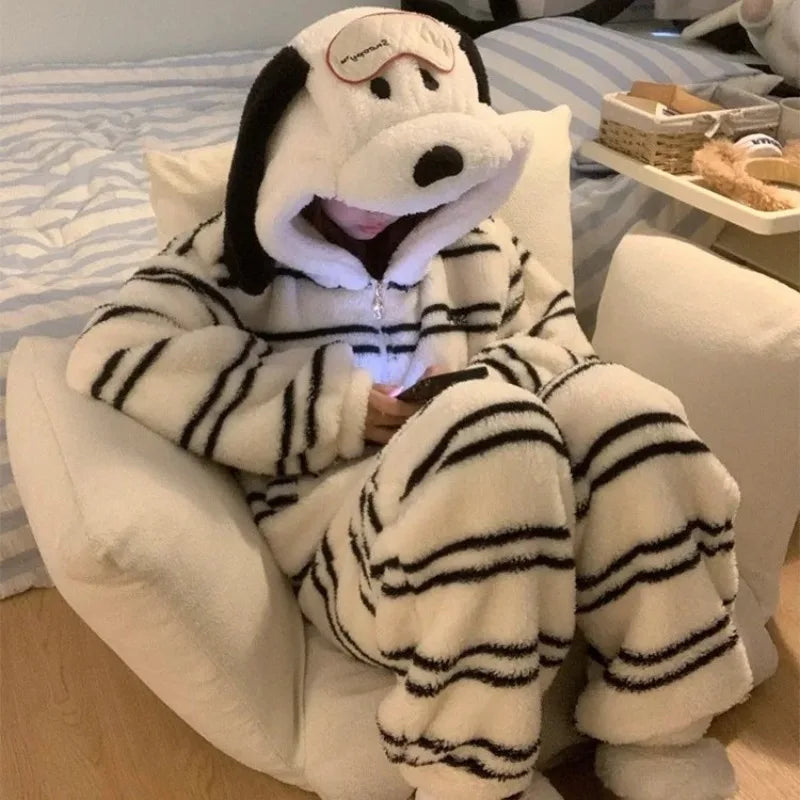 Cute Girl Cartoon Puppy Hooded Coral Fleece Pajamas Set Women's Winter New Thickened Large Size Loungewear Pajamas for Women