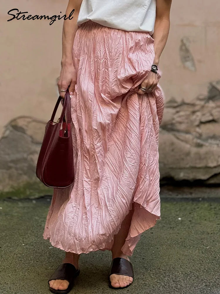 Women's Pleated Maxi Skirt – Elegant A-Line Beach Style