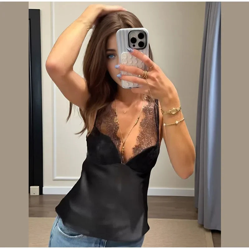 Women's Lace Patchwork Sequin Sling Top – Backless 2025 Clubwear Vest