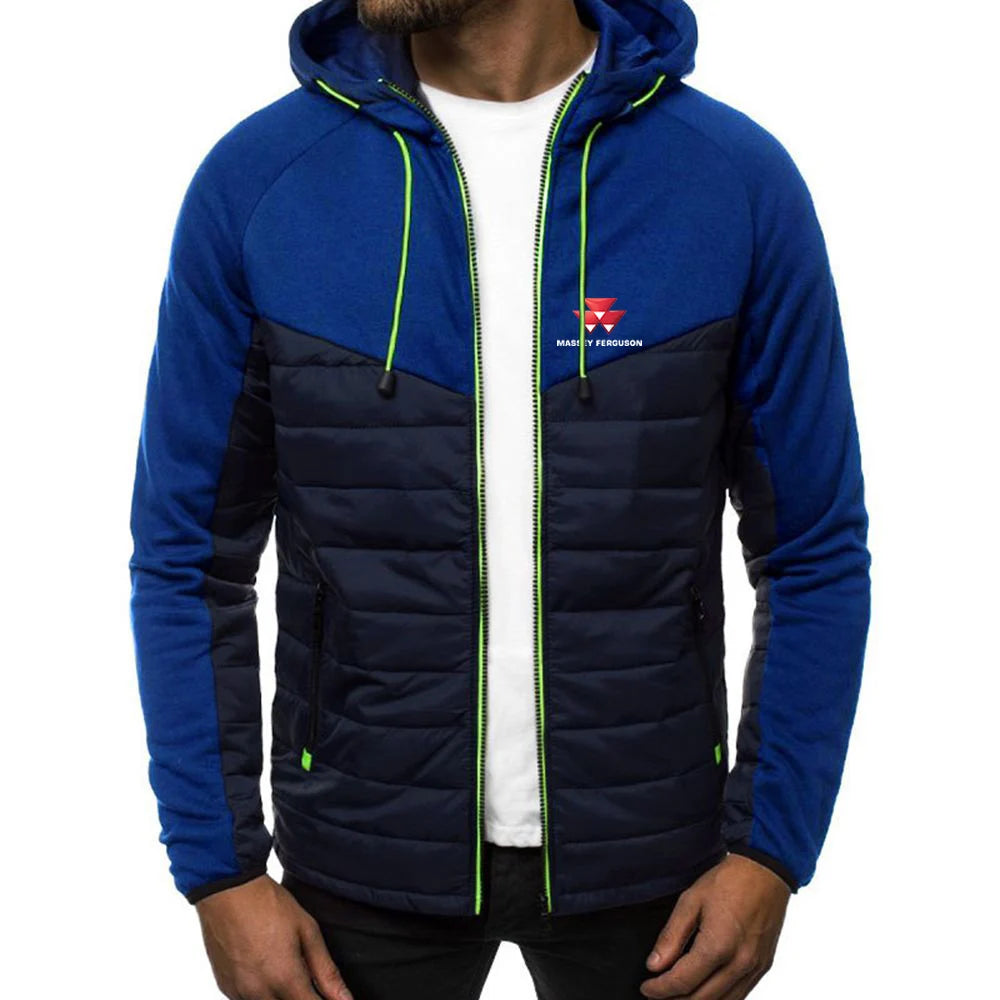 Massey Ferguson 2024 Men Printing New Autumn Warm Patchwork Hip Hop Seven-color Cotton-padded Jacket Hooded Tops