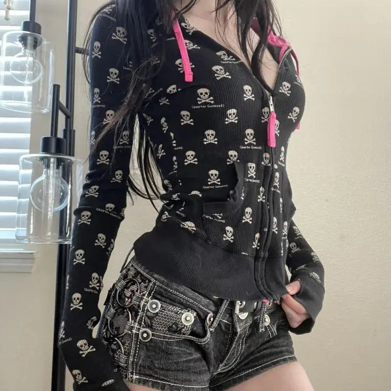 Women's Vintage Skull Print Zip-Up Hoodie