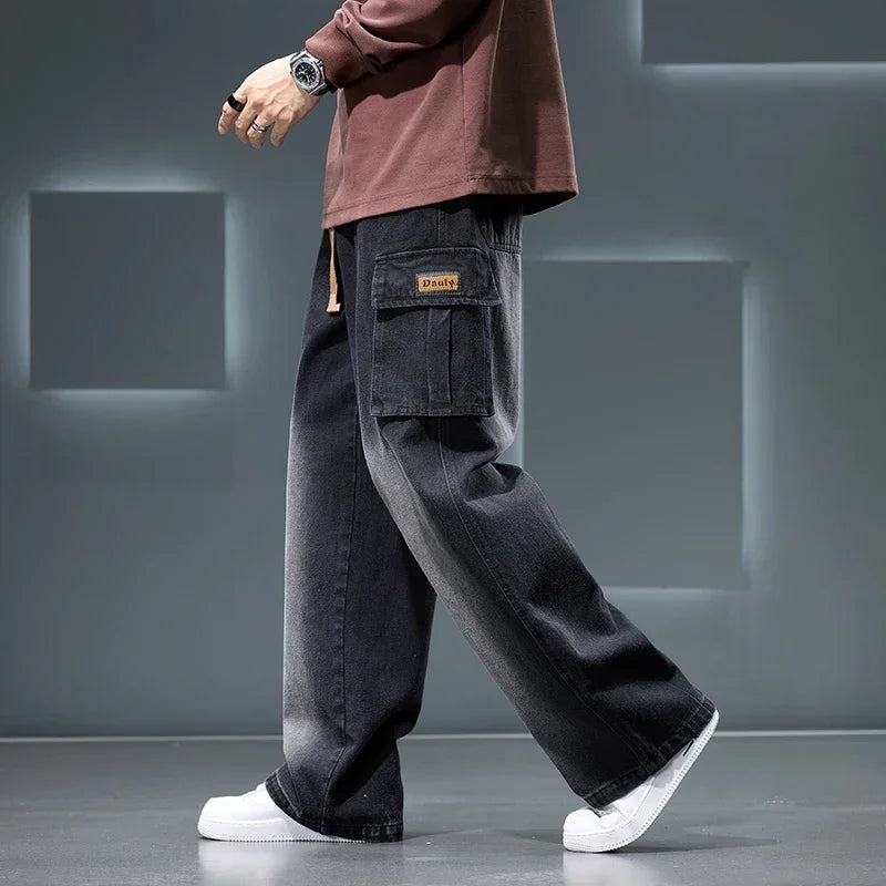 8XL Jeans New Wide Leg Washing Pants Men Trousers Neutral Solid Color Loose Casual Korean Fashion Pocket Plus Size Cargo Pant