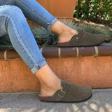 Evshine Men's Suede Clogs Fashion Leather Mules Cozy Footbed Slippers With Adjustable Buckle AntiSlip Cork Slippers Unisex Mules