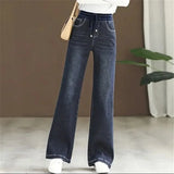 Winter Wide Leg Denim Pants Women Thicken Plush Velvet Lined High Waist Jeans Lace Up Warm Baggy Straight Vaqueros Pantalones