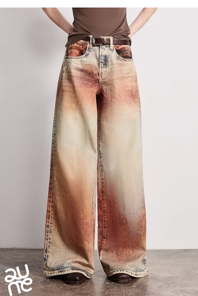 TOYOUTH Women Jeans 2026 Spring New Wilderness Wasteland Style Mid Low Waist Loose Printed Wide Leg Pants