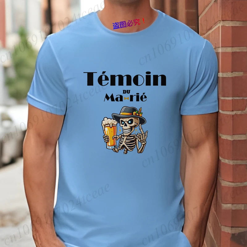 French Funny Single Farewell Bachelor Party T-shirt Wedding Beer Skeleton Tops Evg Team Married Tee Future Groom Man Squad Shirt