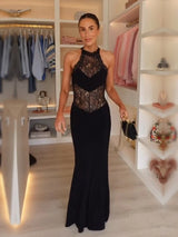 Elegant Black Halter Neck Lace Maxi Dress Women Sexy Sheer Floral Mesh Waist Sleeveless Vestido Summer Beach Vacation Long Gowns