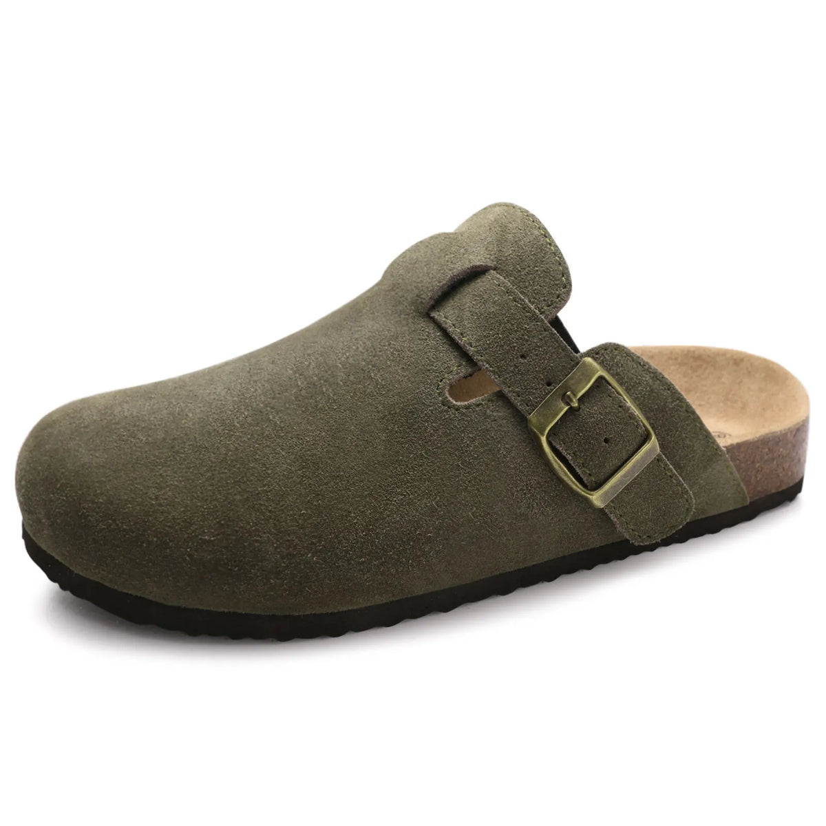 Evshine Men's Suede Clogs Fashion Leather Mules Cozy Footbed Slippers With Adjustable Buckle AntiSlip Cork Slippers Unisex Mules