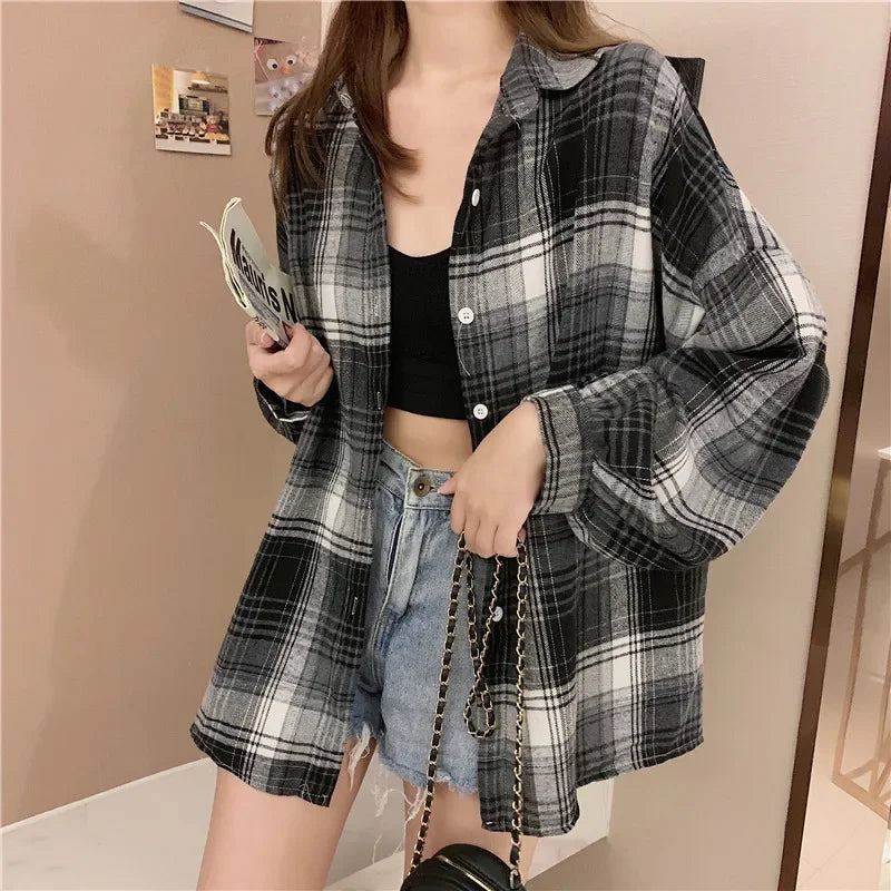 Vintage Plaid Long-Sleeve Blouse