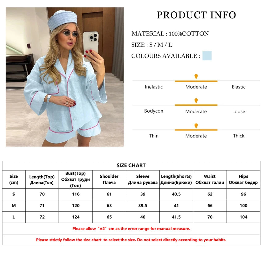 Clacive Fashion Loose Blue Cotton Home Women's Two Pieces Set 2025 Elegant Long Sleeve Shirt With High Waist Shorts Set Female