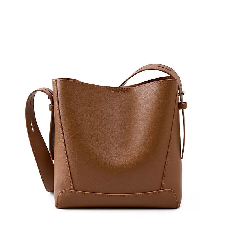 Zency New 2026 TrendyTwo Layer Cow Leather Shopper Shoulder Bag Commuter Large Bucket Handbag Simple High Quality Women Tote Bag