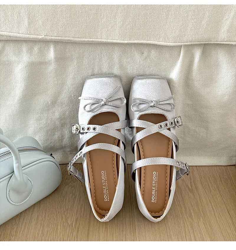 Butterfly Knot Ballet Flats – Elegant Square Toe Women's Flat Shoes