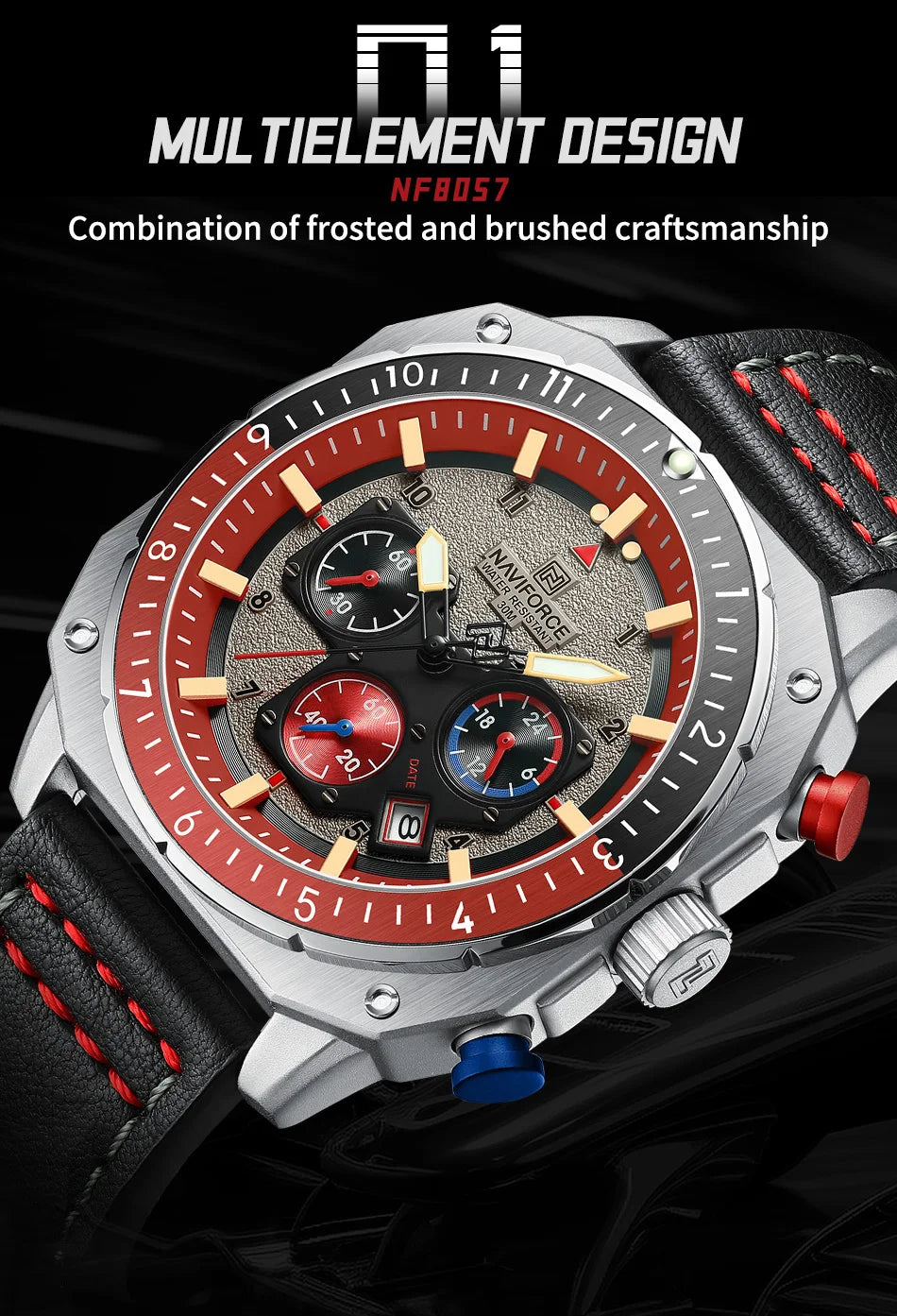 NAVIFORCE Sports Multifunction Waterproof Watches for Men Fashion Leather Luxury Brand Quartz Analog Luminous Square Wrist Watch