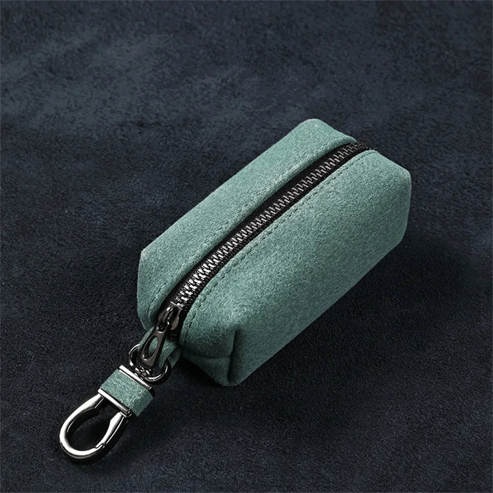 Portable Keychain Wallet for Men Women Large-Capacity Double Zipper Key Pouch Bag Suede Leather Key Case Unisex Coin Purse