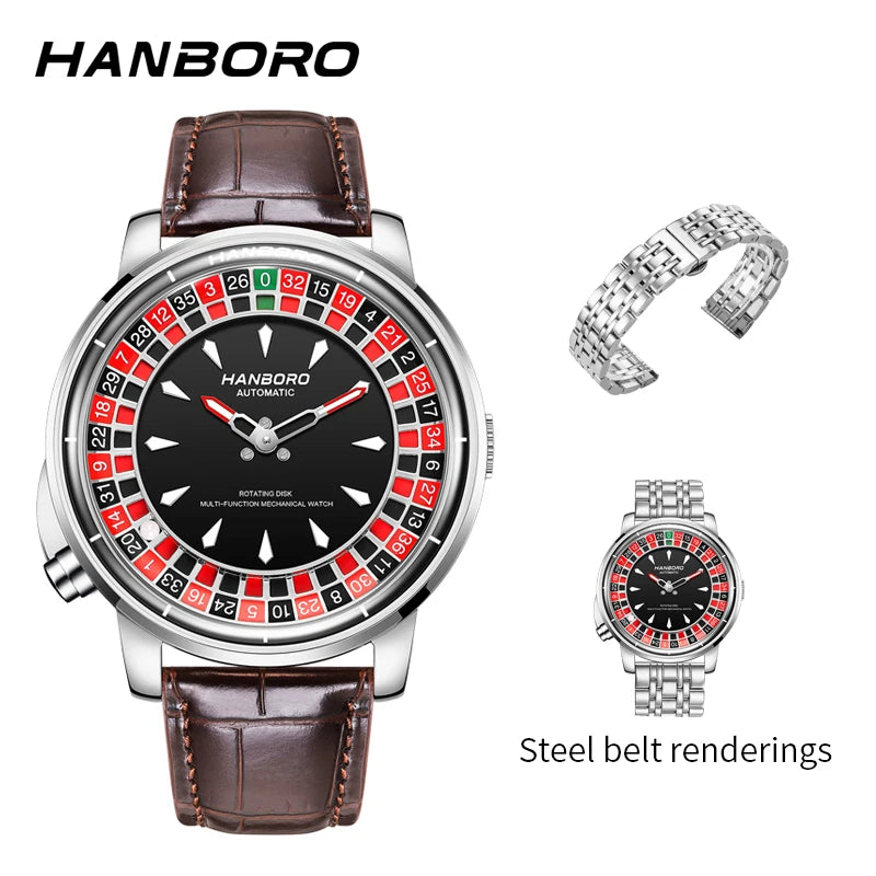 HANBORO Men's Fully Automatic Mechanical Watch Casino Wheel Rotating Dial Luxury Rose Gold Unique Personalized Watch