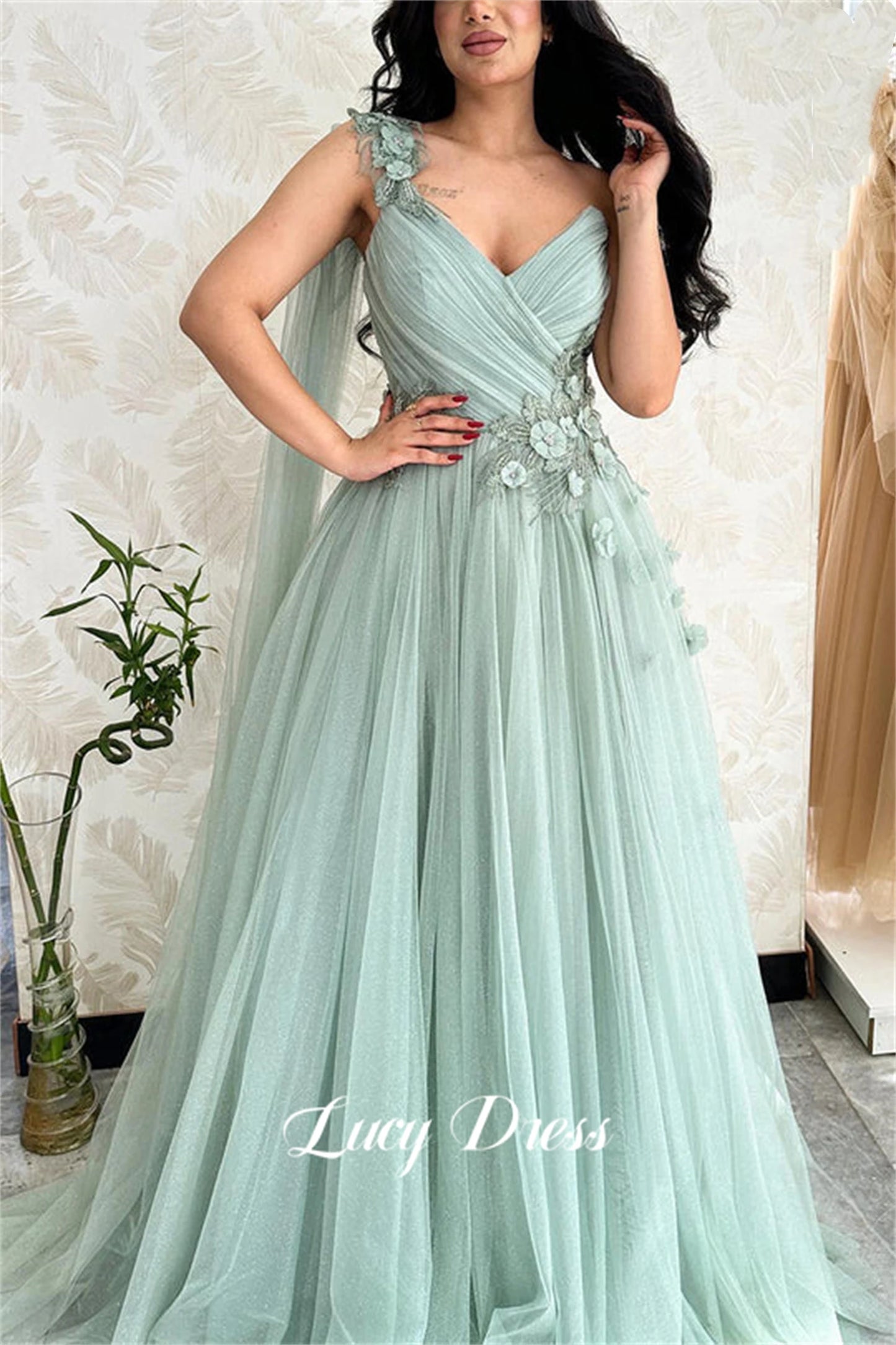 Lucy Light Green Tulle A-Line Evening Gown | Custom Made