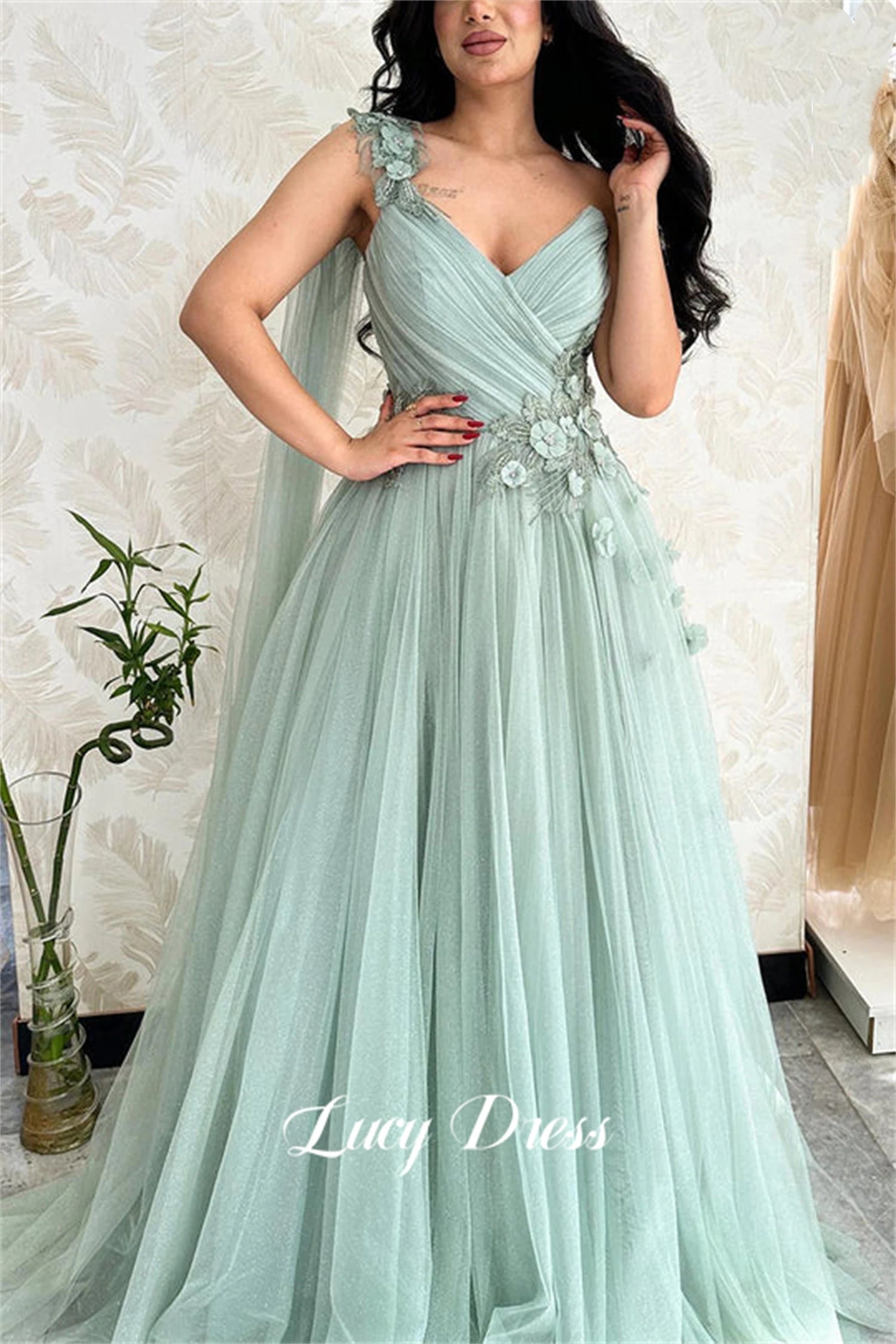 Lucy Light Green Tulle A-Line Evening Gown | Custom Made