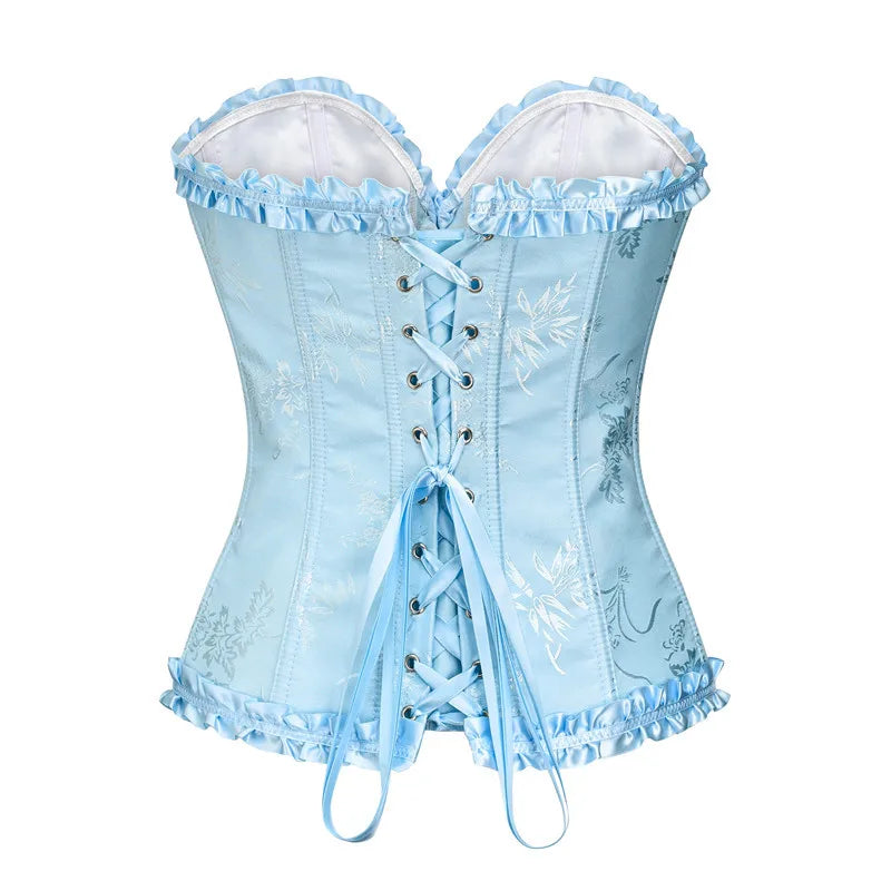 USA-Made Jacquard Ruffled Overbust Corset – Gothic Victorian Push-Up Bustier
