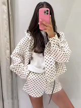 Fashion Polka Dot Shorts Sets For Women 2026 Spring Drawstring Bomber Jacket High Waist Shorts 2 Pieces Set Woman Outfits