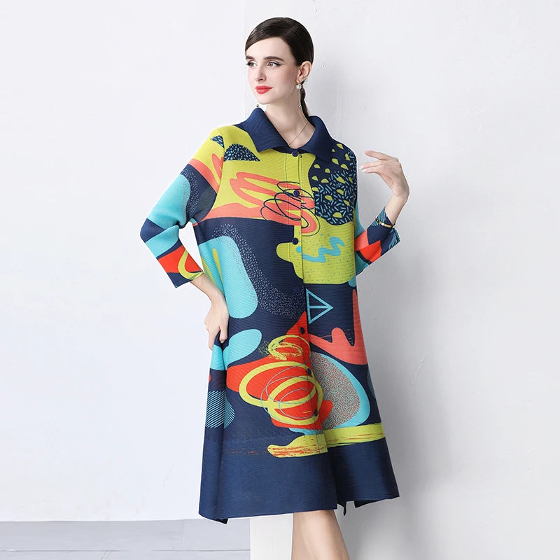 Miyake Pleated Drape Dress – Colorblock Print, 3/4 Sleeve